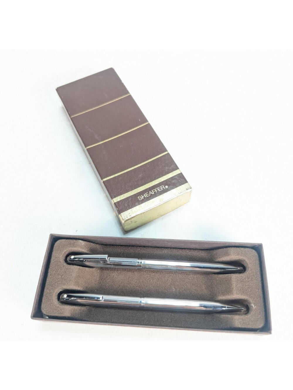 Vintage Sheaffer WHITE DOT Chrome Pen & Pencil Set in Original Box Click & Clip